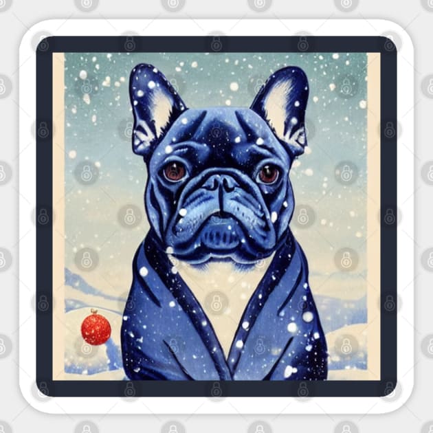 Cutest Blue French Bulldog Puppy Sitting in Snow Christmas Season Sticker by Mochabonk